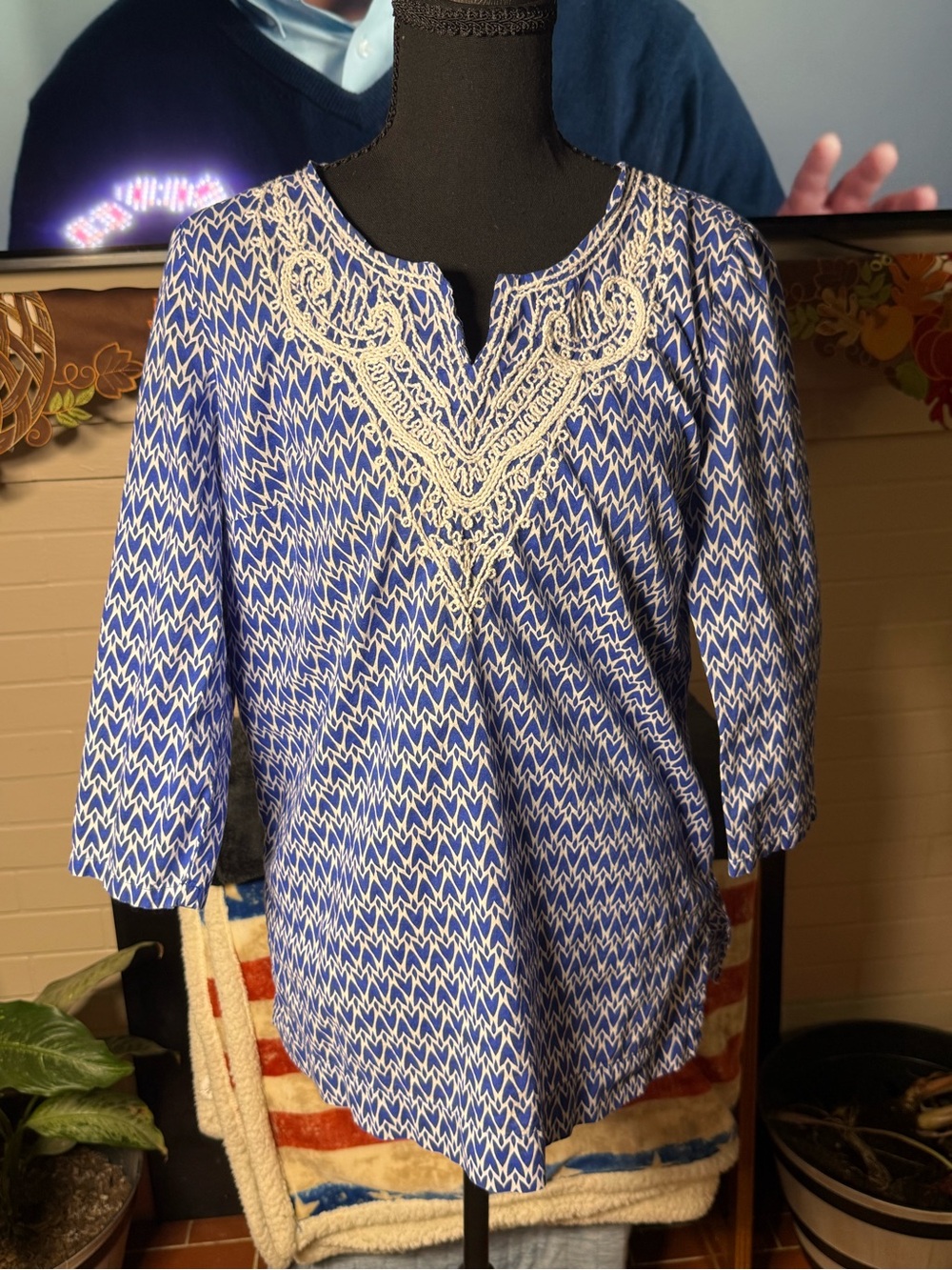 St. John's Bay Blue and Cream Embroidered Tunic